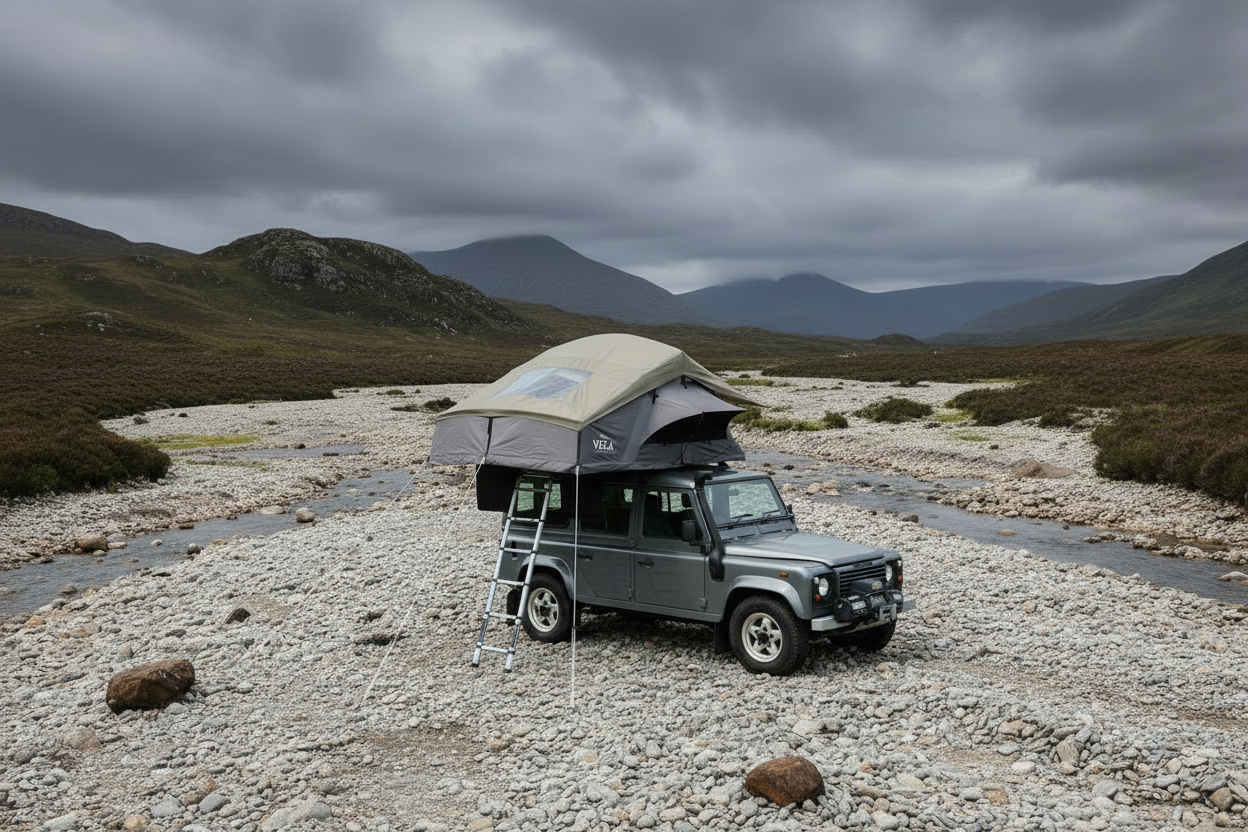 Vela Dachzelt Pro Max SRT190 auf Land Rover Defender Auto montiert.